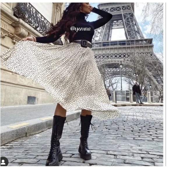 Zara Bloggers Favorite Cream/Black Polka Dot Wrinkle Look Pleated Midi Skirt - Picture 1 of 3